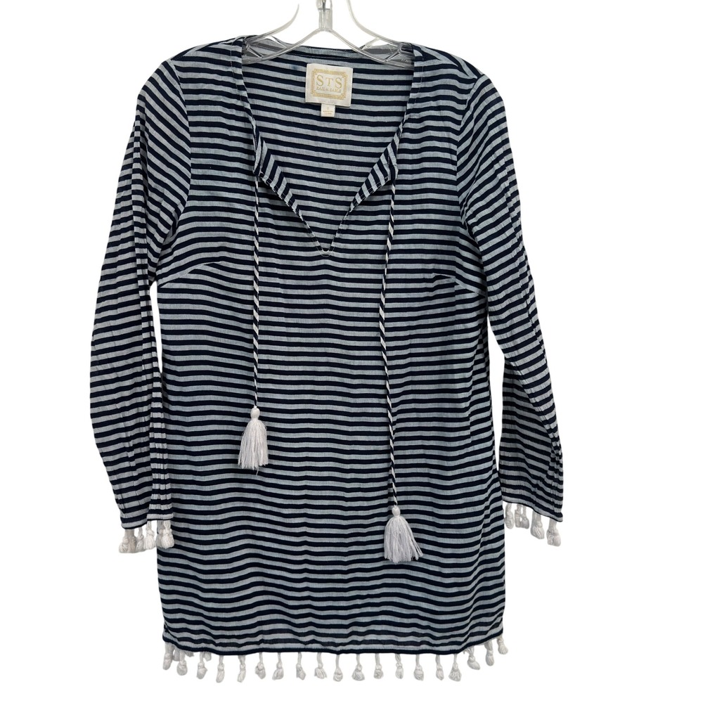 Sail to Sable STS Striped Tunic Top S Navy Cotton Gauze Tassel Trim Coastal